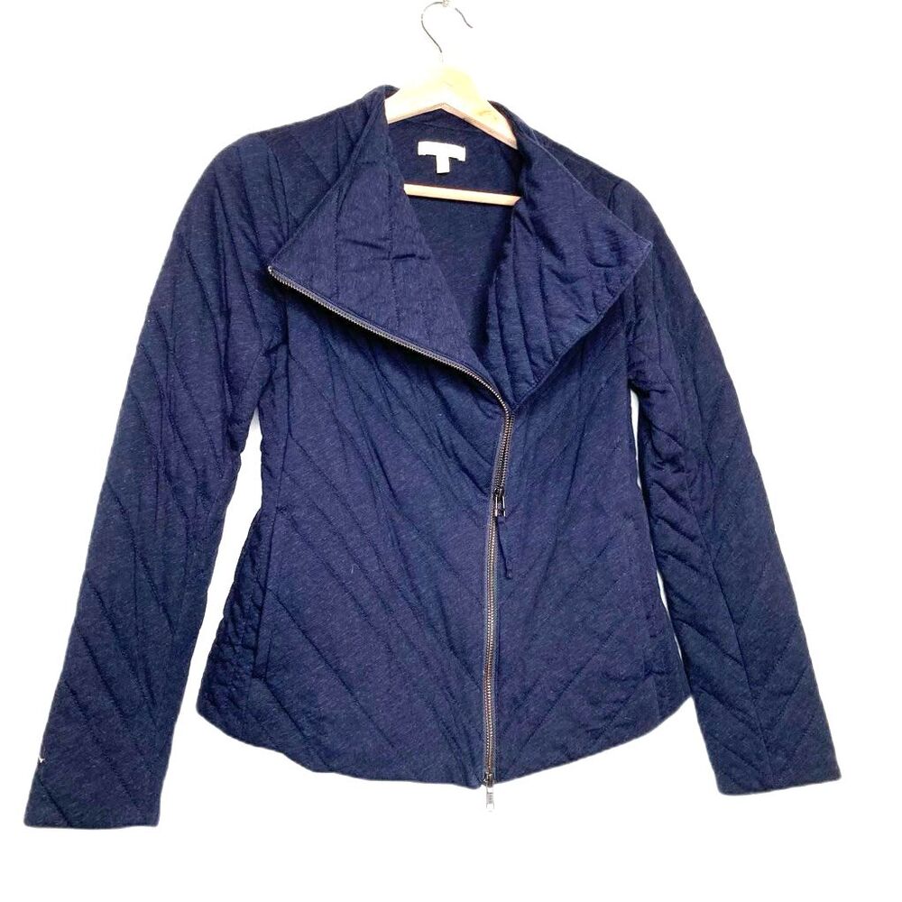Eileen Fisher Womens Moto Jacket Blue Heathered Asymmetric Zip Lined Petites PP